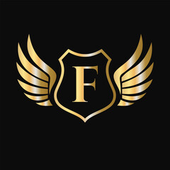 Win Logo On Letter F With Shield Symbol. Transportation Logotype