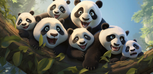 Giant panda family with bamboo background cartoon style