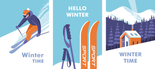 Active winter holidays. Concept of vacation and travel. Skiing downhill. Skier on the piste. Skis and poles in the snow. Winter landscape with house. Vector illustration. - obrazy, fototapety, plakaty