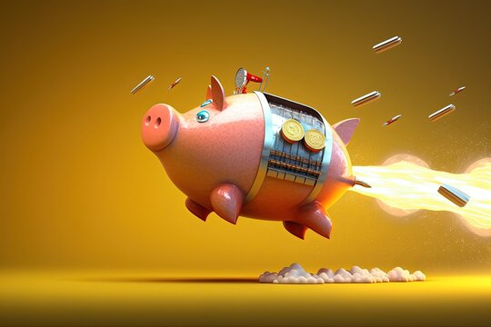 concept solution management wealth savings investing, Financial, yellow rocket flying bank Piggy
