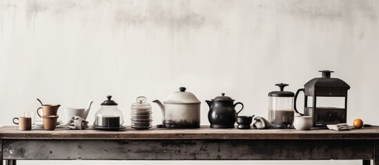 Fototapeta na wymiar In a vintage kitchen, an old wooden table with a grunge texture is beautifully isolated in a white space, adorned with a black and white coffee setup, exuding a nostalgic atmosphere. The smell of