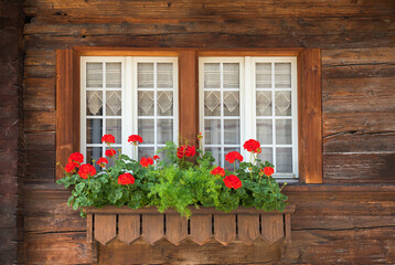 wooden facade with white lattice window and geranium flowers in a box