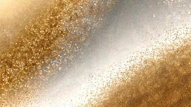 Sparkling Gold Particles Flowing on Abstract White Background. Animated background of coarse grains of gold and silver particles