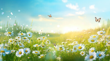 Sunlit field of daisies