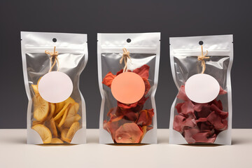 Packages of assorted sweet dried fruit chips and slices on light background