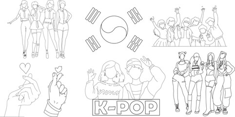 collection of Kpop fashion stage vector illustrations. Korean idol group performance. K-pop female fashion idol. the female singer who was singing was wearing beautiful clothes. beautiful female model - obrazy, fototapety, plakaty