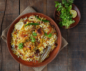 Delicious hyderabadi chicken biryani top view