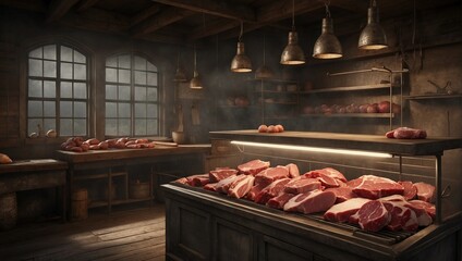 a butcher's shop with meat on the counter