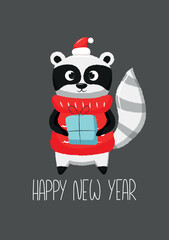 New year postcard with cute raccoon in red hat and sweater holds gift box