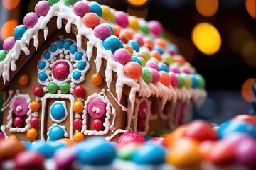 Fototapeta na wymiar Gingerbread Delight: Close-up of a gingerbread house with colorful candies and icing details.