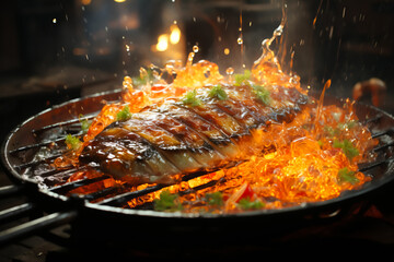 Barbecue grill with fillet fish in flame. cooking concept