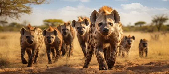 Tuinposter In the vast expanse of the African savanna, the wildlife enthusiasts were thrilled to witness a group of African hyenas in their den, their spotted ears twitching with anticipation as the cubs © 2rogan
