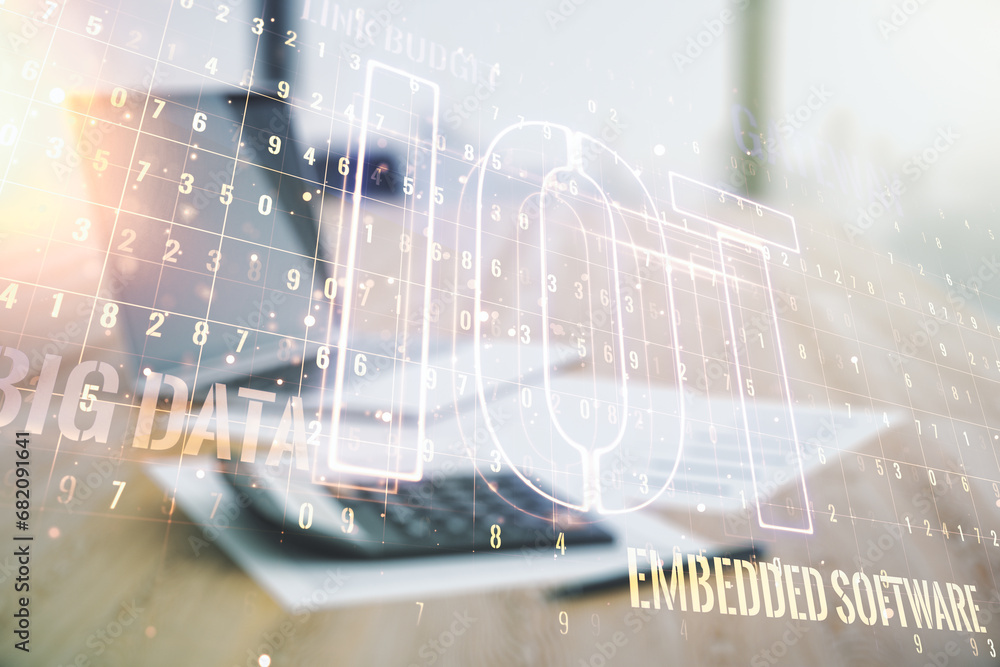 Poster Double exposure of abstract virtual IOT hologram on blurry calculator with laptop background, research and development concept