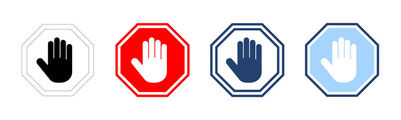 Stop icon vector. stop road sign. hand stop sign and symbol. Do not enter stop red sign with hand