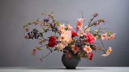 Bunch of fresh blooming flowers placed on table against gray background