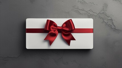 Blank white gift card signboard or gift voucher billboard with red ribbon bow isolated on dark grey wall background