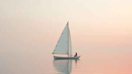 Fototapeta premium A solitary sailor glides on a calm sea at dawn, the pastel hues reflecting the serenity of a life navigated by stoic wisdom