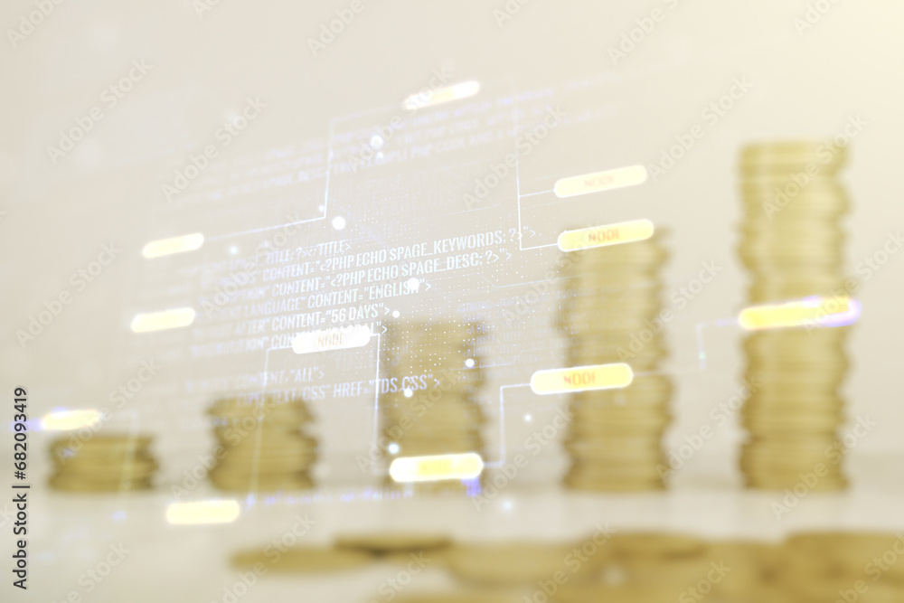 Poster multi exposure of abstract creative coding sketch on stacks of coins background, artificial intellig