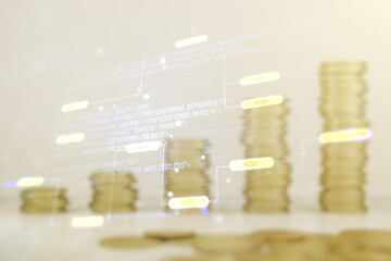 Multi exposure of abstract creative coding sketch on stacks of coins background, artificial...