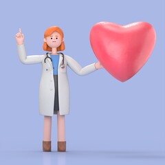 3D illustration of Female Doctor Nova with heart shape.Medical presentation clip art isolated on blue background.
