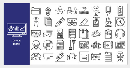 Office icon set. line icon collection. Containing coffee, clock and briefcase icons. 