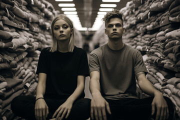 Fototapeta na wymiar Two young individuals exude calm determination amidst an aisle of textiles, their monochrome attire accentuating a contemporary stoic philosophy