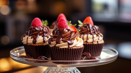 Fototapeta na wymiar platter of chocolate cupcake with frosting, raspberries, strawberries, cafe bakery setting