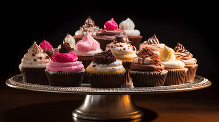 chocolate cupcakes with frosting, platter of decorative cupcakes, pastries from a cafe, sweet treat dessert