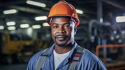 Portrait african american professional engineer factory. Engineering worker in safety hard hat at factory industrial facilities. - obrazy, fototapety, plakaty