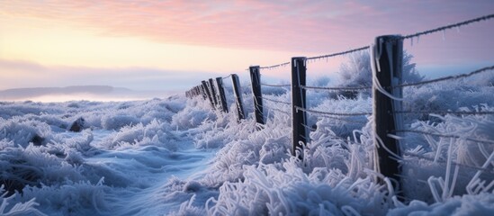 In the midst of a harsh Countryn winter, a metal fence adorned with delicate frost-covered ice crystals stood tall, showcasing the mesmerizing natural phenomenon of winter's icy grip on the land.