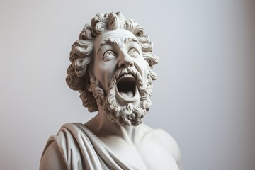 Stoicism mature man head statue with funny screaming emotion. Bright minimal studio setup, front view