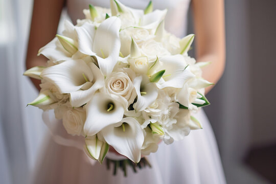 The close up detail of wedding bouquet made by white flowers, lily or rose and others, held bride’s hands in a wedding ceremony. Generative AI.