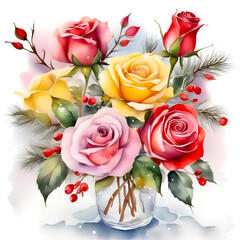 Bouquet of red flowers on a white background, Create a delightful watercolor winter scene featuring a winter bouquet.