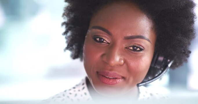 Call center, black woman and advice in office with smile, help desk and voip with mic, headphone and face. African employee, customer service and technical support for consulting in workplace