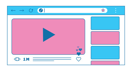 Web browser window with video player. Watching videos in the browser. Vector illustration