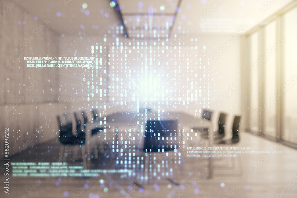 Poster double exposure of abstract virtual creative code skull hologram on a modern meeting room background
