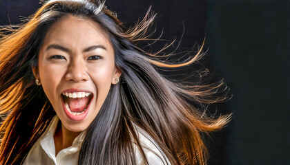 Fototapeta premium Close-up portrait of a woman shouting on dark background. Concept of mental health issues