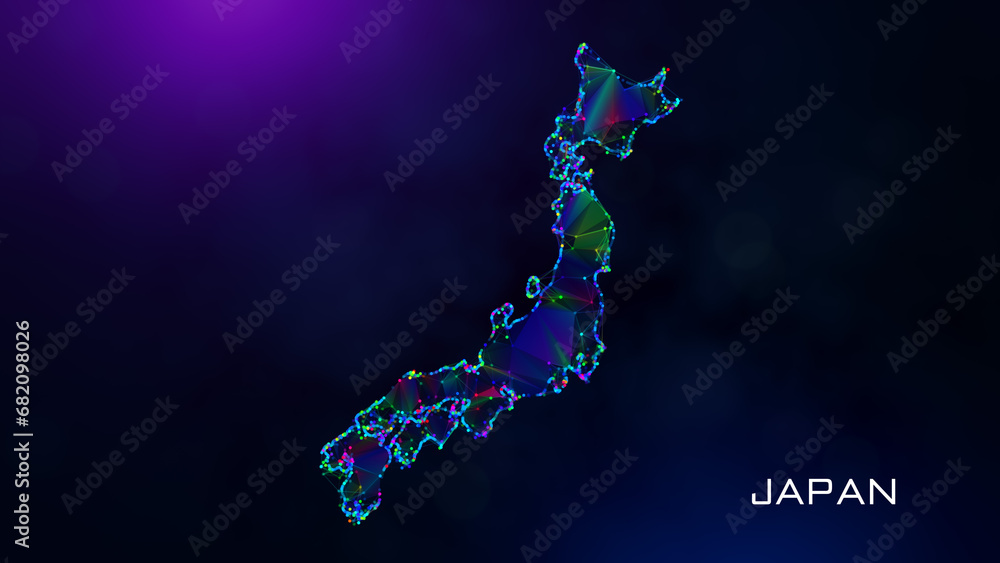 Poster futuristic sweet japan map polygonal blue purple colorful connected lines dots and facet wireframe n