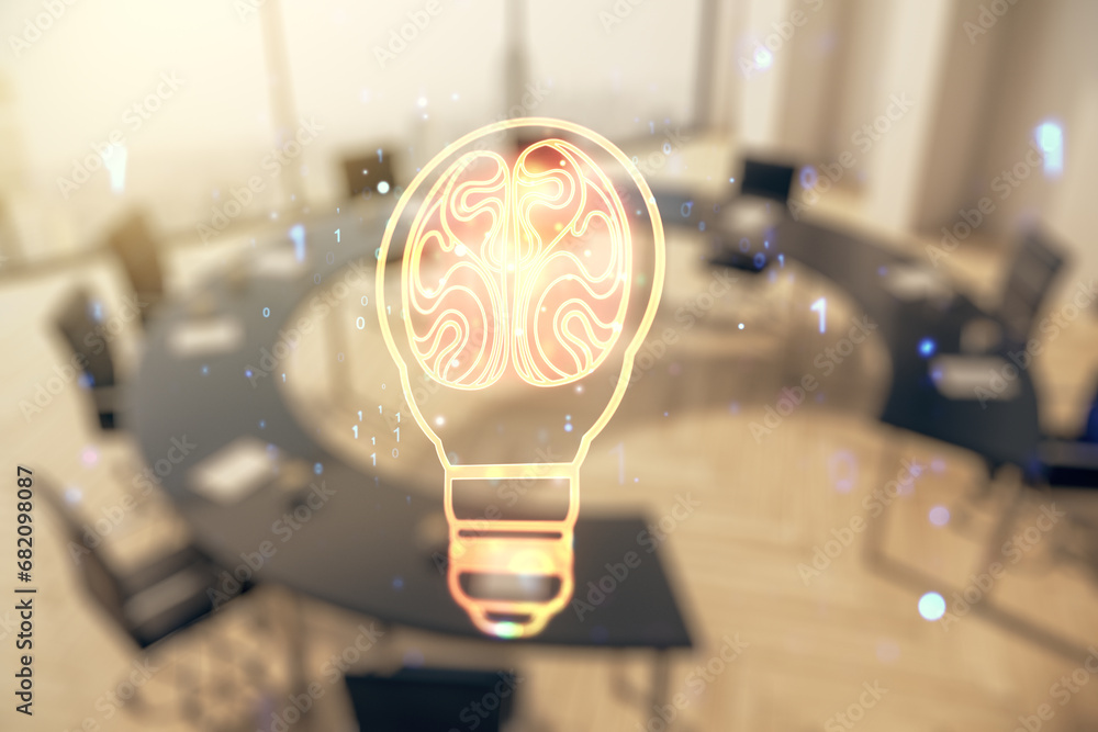 Poster abstract virtual idea concept with light bulb and human brain illustration on a modern conference ro