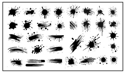 A collection of spots and stains. Black ink stains and dirt spots scattered with isolated drops and spots. Urban street style ink blots, dots or lines. Isolated vector illustration