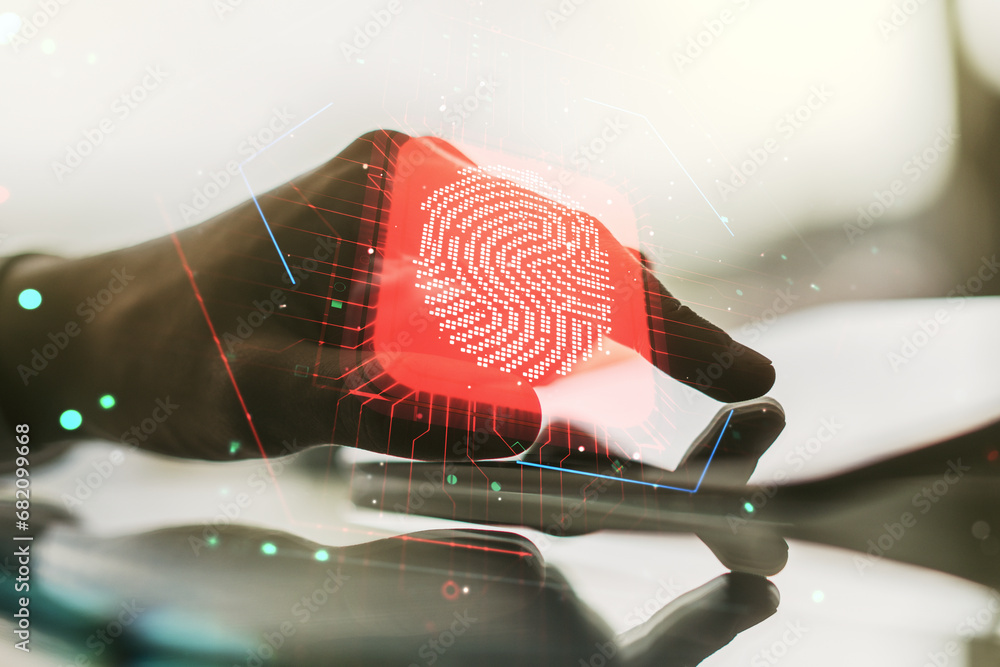 Poster multi exposure of creative fingerprint hologram with finger presses on a digital tablet on backgroun