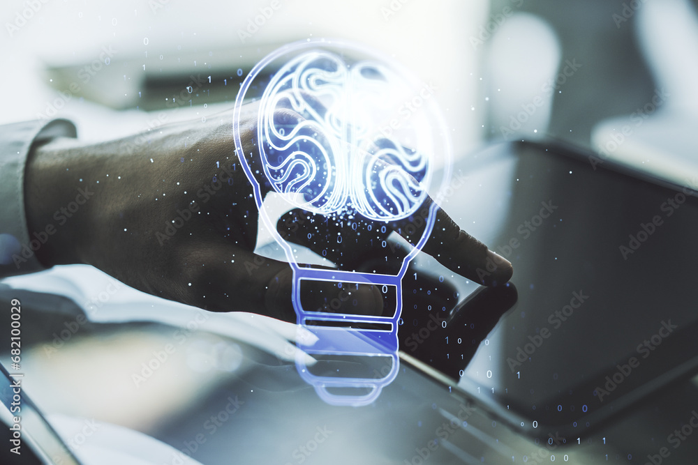 Aufkleber creative idea concept with light bulb and human brain illustration and with finger clicks on a digit