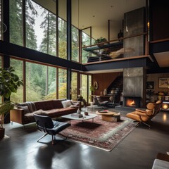 Ultra Modern Interior with high windows in forest. Luxury Room. AI Generative