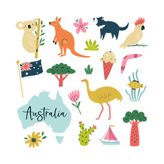 Colorful composition, design with famous symbols, animals of Australia.
