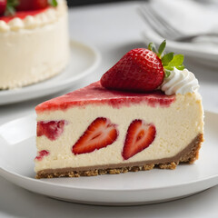Sliced Gourmet Cheesecake with Fresh Strawberry Topping on Elegant White Plate, Perfect for Dessert Menu or Bakery Promotion, High-Quality Culinary Presentation