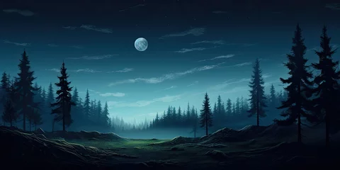 Fotobehang Moon light dark moody landscape background blue green colors, night time scene backdrop, generated ai © dan