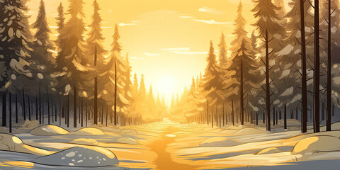Anime cartoon style forest woodland background illustration trees graphic resource wide backdrop, generated ai - obrazy, fototapety, plakaty