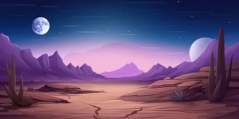 Tuinposter Pruim Anime cartoon style moon light desert baron landscape background scene empty space night time deserts, generated ai