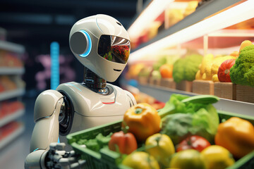 humanoid in supermarket, AI generated - obrazy, fototapety, plakaty