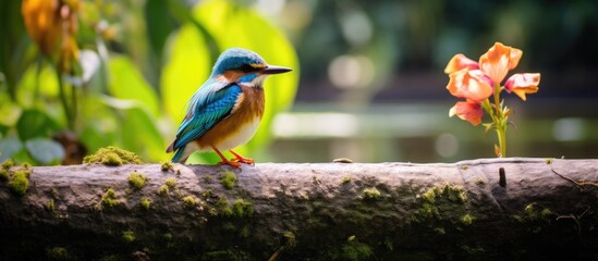 In the tranquil park, amidst the lush greenery and the vibrant blue hues of the lake and river, a funny bird with colorful feathers delighted onlookers with its playful antics and melodious inimitable - obrazy, fototapety, plakaty